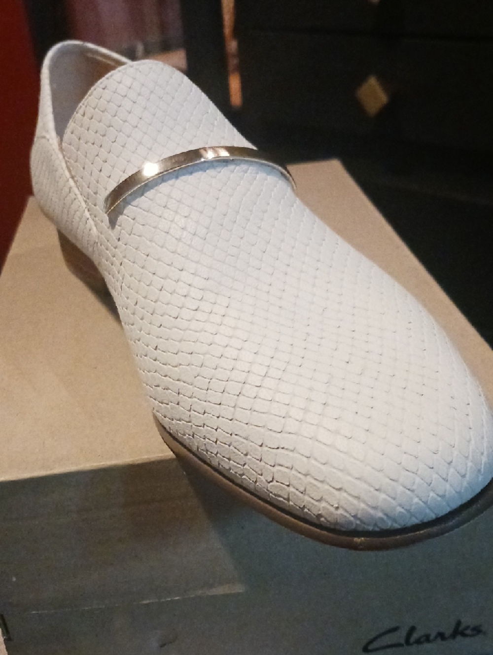 Clarks White Textured Slip-On with Metallic Accent